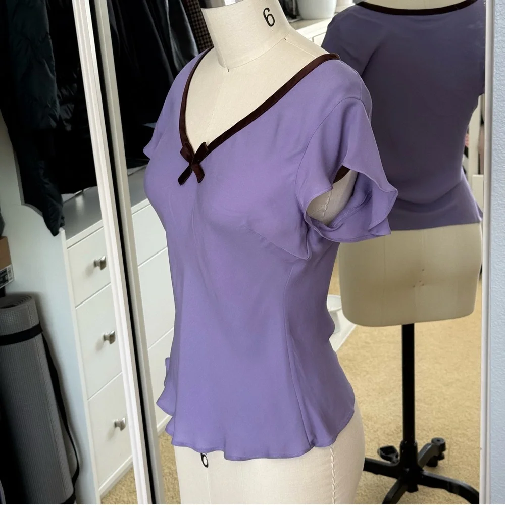 Sunny Leigh Purple Flutter Sleeve Blouse with Tie Front Size: S - Picture 6 of 9